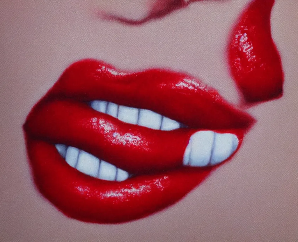 Prompt: realistic and detailed soft airbrush of a glossy scarlet red mouth on white background, inspired by 8 0 s airbrush illustrations, art by pater sato