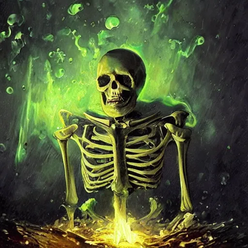 Image similar to A highly detailed oil painting by Greg Rutkowski and Afremov of a skeleton wearing black robes making a potion glowing bright green in a huge bubbling cauldron, highly detailed fantasy concept artwork, very realistic.