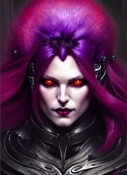 Prompt: character concept portrait of a vampire in bionic armor with purple hair, strong, intricate, elegant, intense, stoic, highly detailed, digital painting, artstation, concept art, symmetry, smooth, sharp focus, illustration, black and red, art by gaston bussiere and alphone mucha