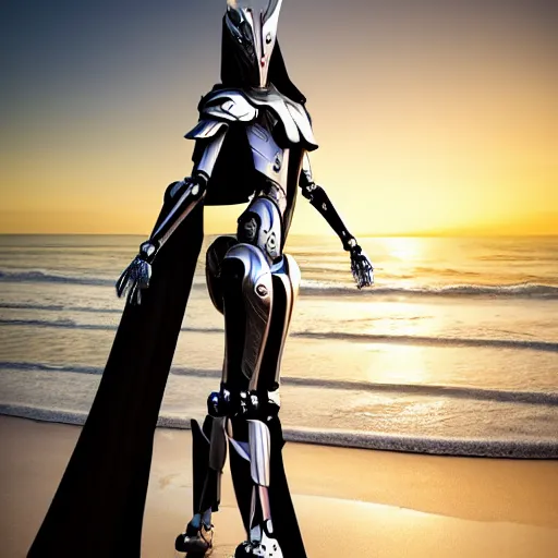 Image similar to full body pose, realistic detailed stunning beautiful anthropomorphic robot female dragoness, doing an elegant pose with hand on hip, looking to the side, sleek streamlined armor and design, sharp claws, sleek head, long tail, standing on two legs, wearing a fabric cloak that blows in the wind from behind, on the beach during sunset, high quality, cinematic art, sunset lighting, artstation, deviantart, furaffinity