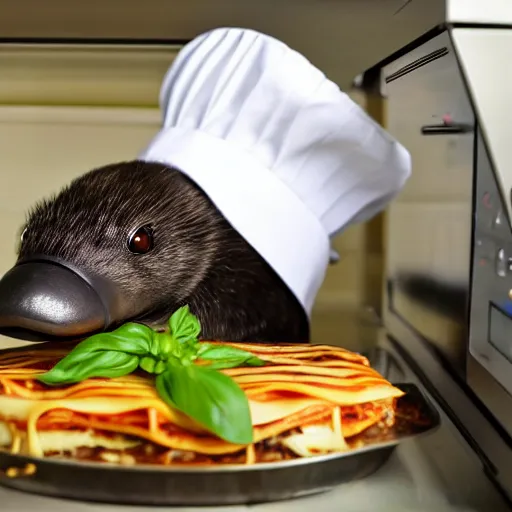 Image similar to platypus wearing a chef hat while putting a lasagna in an oven, with three basil leaves over the lasagna