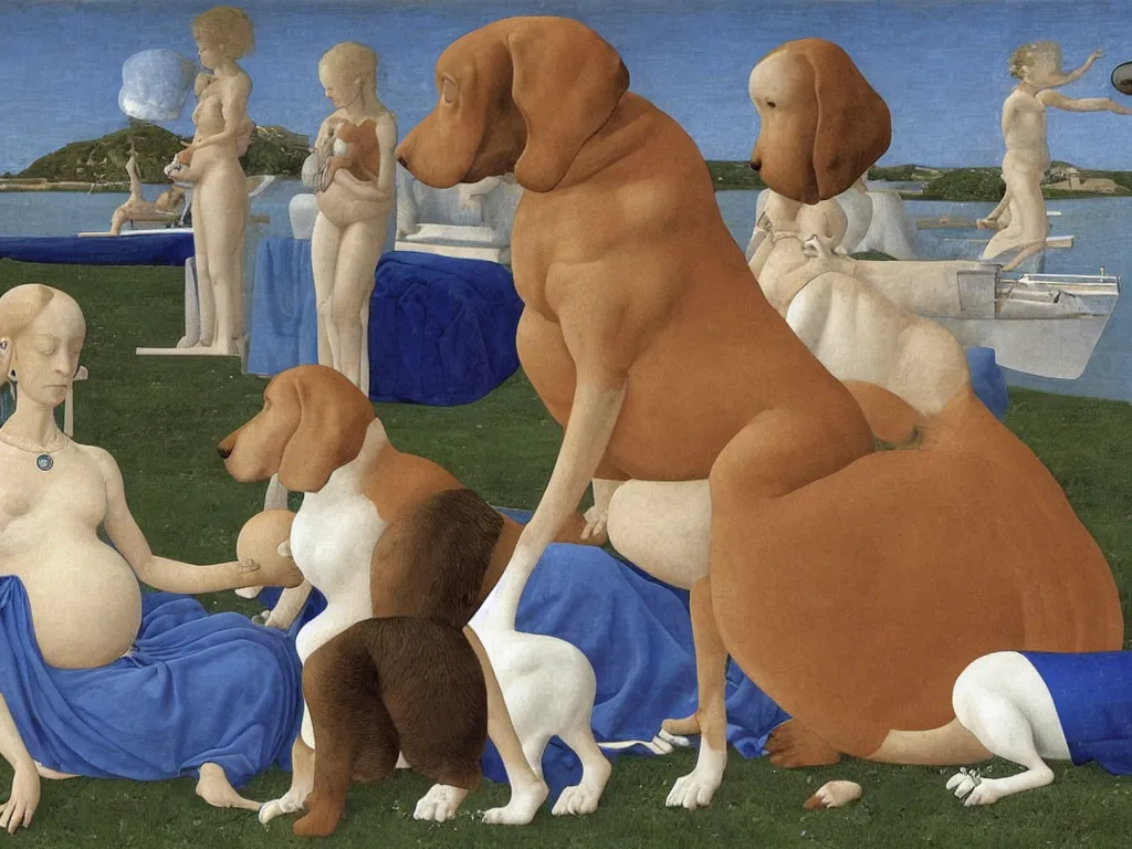 Image similar to Dog sitting on the lap of a pregnant woman, conch shell. Lapis lazuli. Painting by Alex Colville, Piero della Francesca