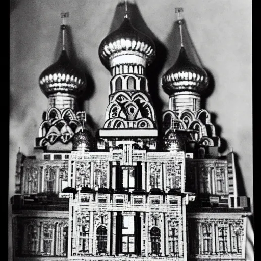 Prompt: russian tsar ivan the terrible in his palace in moscow builds a lego castle, kodak, old photo, black and white, film, wide lens, 1 6 mm,