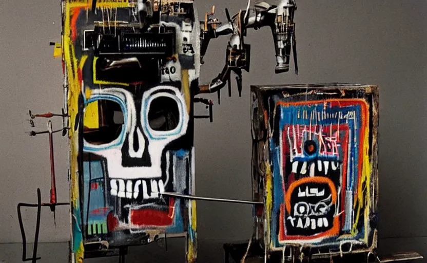 Prompt: photograph of a basquiat skull machine