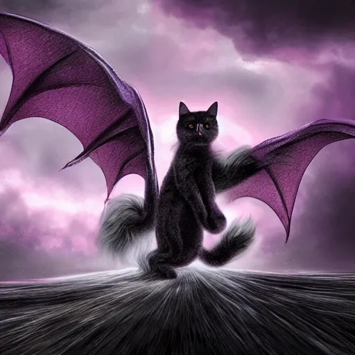 Image similar to super detailed black fluffy cat riding a purple dragon in a storm, ultrarealistic, highly detailed, soft colors