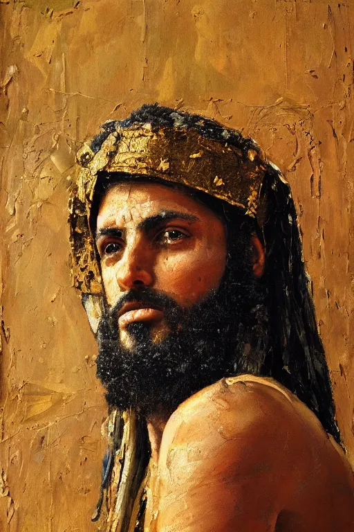 Prompt: highly detailed palette knife oil painting of a historically accurate depiction of the ancient biblical egytian prince Joseph, thoughtful, by Peter Lindbergh, impressionistic brush strokes, painterly brushwork