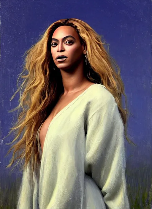 Image similar to portrait of Beyonce practicing wild magic, countryside, calm, fantasy character portrait, dynamic pose, above view, sunny day, thunder clouds in the sky, artwork by Jeremy Lipkin and Giuseppe Dangelico Pino and Michael Garmash and Rob Rey, very coherent asymmetrical artwork, sharp edges, perfect face, simple form, 100mm