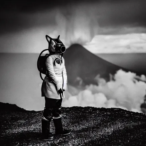 Prompt: a wolf with white suit, she wear gasmask, in volcano, standing close to volcano, fire raining, professional photography, black and white, cinematic, eerie