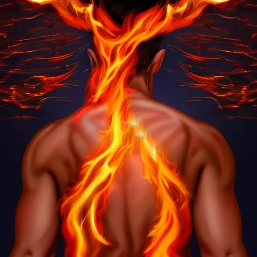 Prompt: beautiful young man from behind with flames coming out of hands flying at the end of the world, very detailed, realistic, symmetrical face, art by digital painting