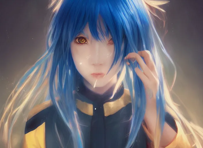 Image similar to rimuru playing chess, with gold eyes, straight hair, sky blue hair, long bangs, high collar, concept art, award winning photography, digital painting, cinematic, by wlop, anime key visual, wlop, 8 k, by ross tran, tom bagshaw, andy warhol