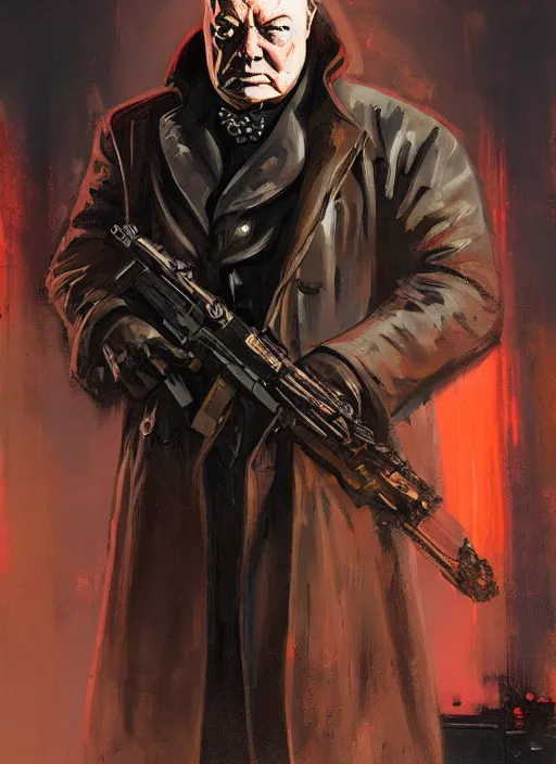 Prompt: Winston Churchill. Cyberpunk assassin in tactical gear. blade runner 2049 concept painting. Epic painting by James Gurney, Azamat Khairov, and Alphonso Mucha. ArtstationHQ. painting with Vivid color. (Hl2, apex legends, fortnite, rb6s, Cyberpunk 2077)
