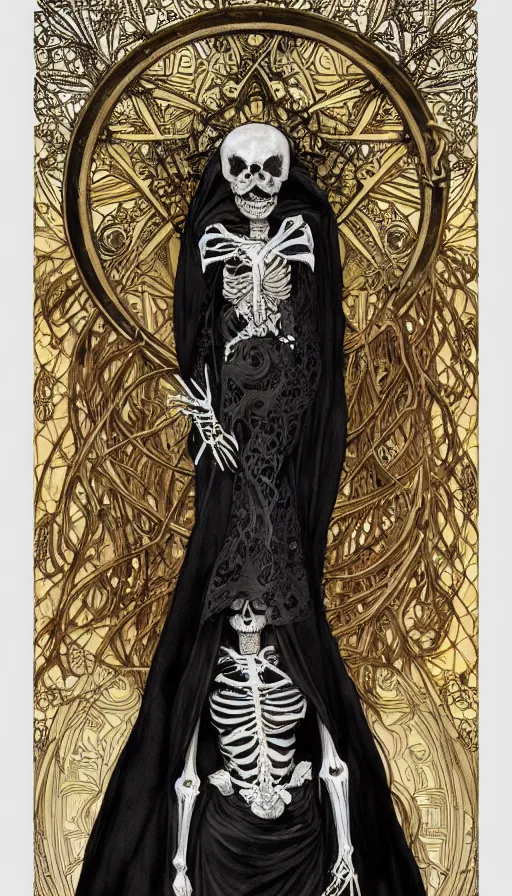 Image similar to a skeleton in a black cloak, highly detailed, very intricate, art nouveau, gold filigree, left right symmetry, tarot concept art watercolor illustration by mandy jurgens and alphonse mucha and alena aenami, featured on artstation