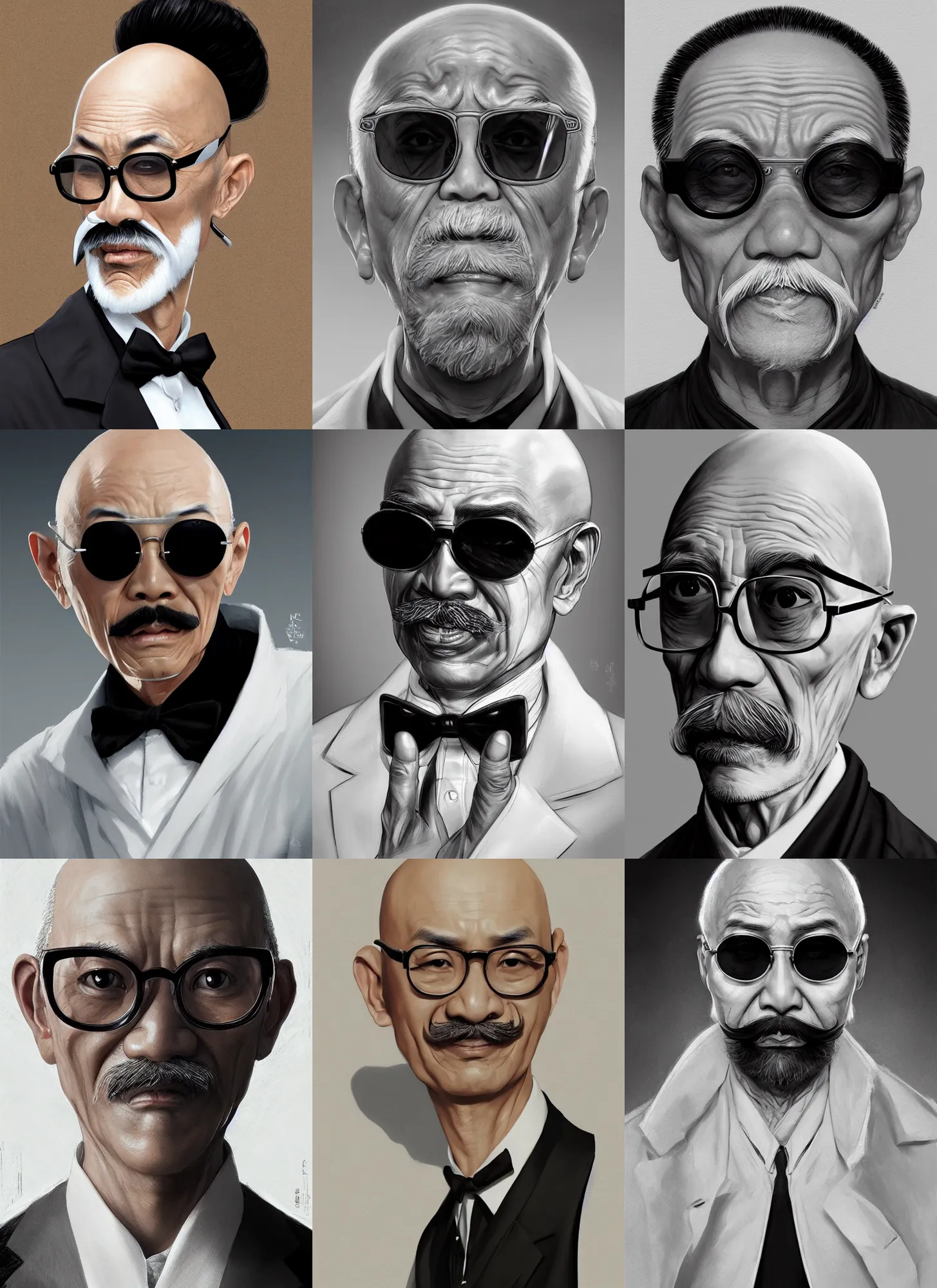 Prompt: asian old skinny scientist, bald, big moustache, black sunglasses, white gown, intricate, elegant, digital painting, highly detailed, artstation, sharp focus, illustration, artgerm, aleksi briclot, rutkowski