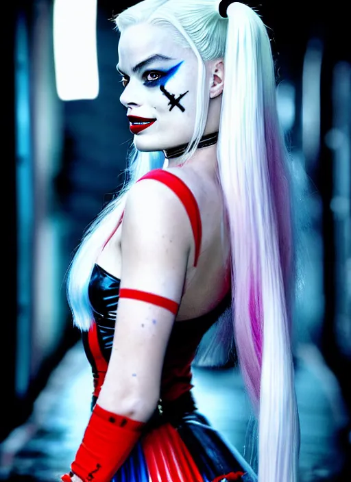 Image similar to 2 8 mm photo of seductive beautiful suicide squad happy margot robbie with long white hair that looks like harley quinn standing on the wet street of gotham city, seductive camisole, pinup model, glamour fashion pose, cinematic, volumetric lighting octane, arney freytag,