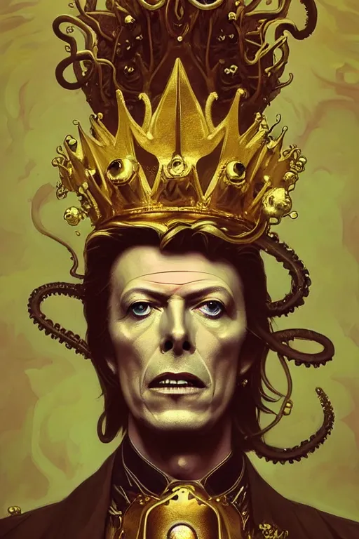 Image similar to David Bowie , a golden crown floating above his head, tentacles coming out the ground art by Artgerm and Greg Rutkowski and Alphonse Mucha and Craig Mullins and James Jean and Andrei Riabovitchev and Marc Simonetti and peter mohrbacher, sharp focus, ominous, cosmic horror, trending on artstation, Ultra detailed, hyper realistic 4k