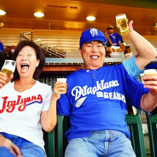 Prompt: a middle aged couple cheering on the Yokohama Baystars Japanese baseball team while drinking beer.