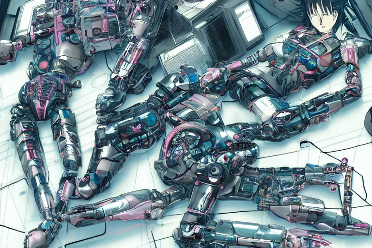 Image similar to a cyberpunk illustration of a group of female androids in style of masamune shirow, lying on an abstract, empty, white floor with their body parts scattered around in various poses and cables and wires coming out, by yukito kishiro and katsuhiro otomo, hyper-detailed, intricate, view from above