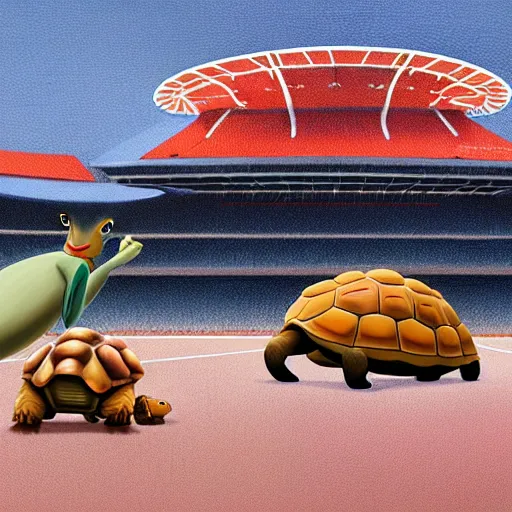 Image similar to goro fujita ilustration of a hare and a tortoise in a race in an olympic stadium, painting by goro fujita, sharp focus, highly detailed, artstation