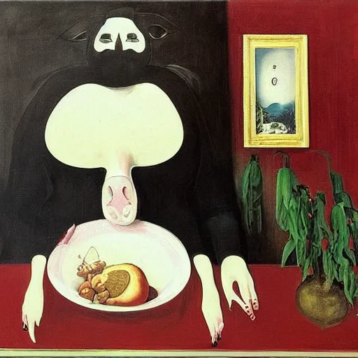 Prompt: “a portrait in an art student’s apartment, a feminine pig siting at a dining table set with baked human body parts, pork, ikebana white flowers, white wax, squashed berries, acrylic and spray paint and oilstick on canvas, by munch and Dali”