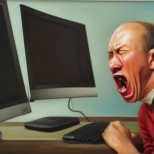 Image similar to an angry man yells at his computer monitor, oil on canvas, highly detailed, high resolution