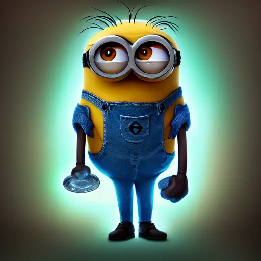 Image similar to a drawing of a minion taking over the universe by merging all known matter, ultra detailed, digital art, award - winning, trending on artstation, realistic, magic, neon, glow, mystery