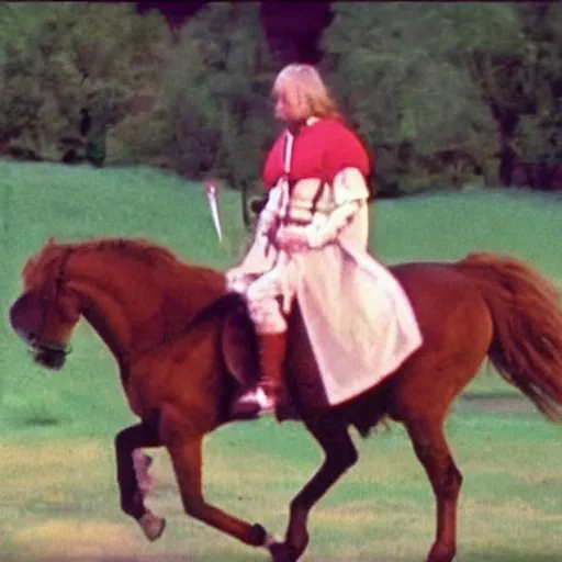 Image similar to a high - quality vhs video from 1 9 8 7 of a knight riding a horse