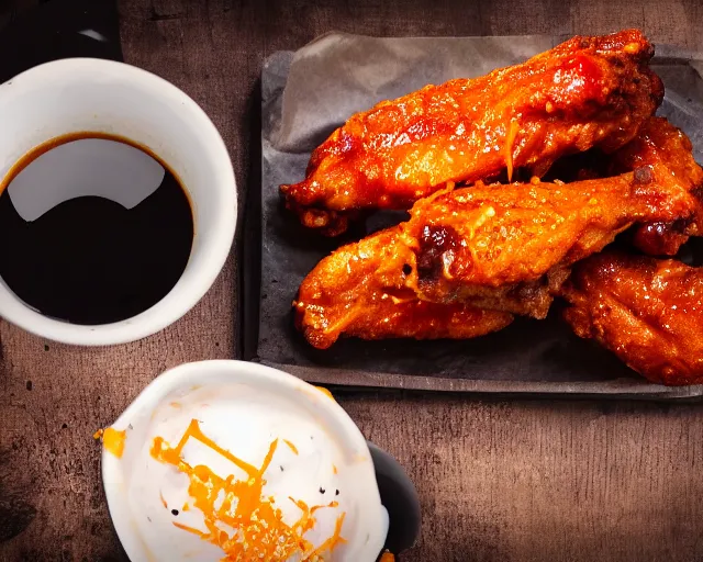 Prompt: A cup of coffee next to hot wings covered in a lot of cheese, Cinematic shot, 8k resolution