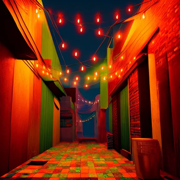 Image similar to Downtown Mexico alley, string lights, colorful lighting, night, realism, rule of thirds photo, intricate abstract, ((gta 5 screenshot house)), by Tooth Wu, by Greg Rutkowski, studio Ghibli