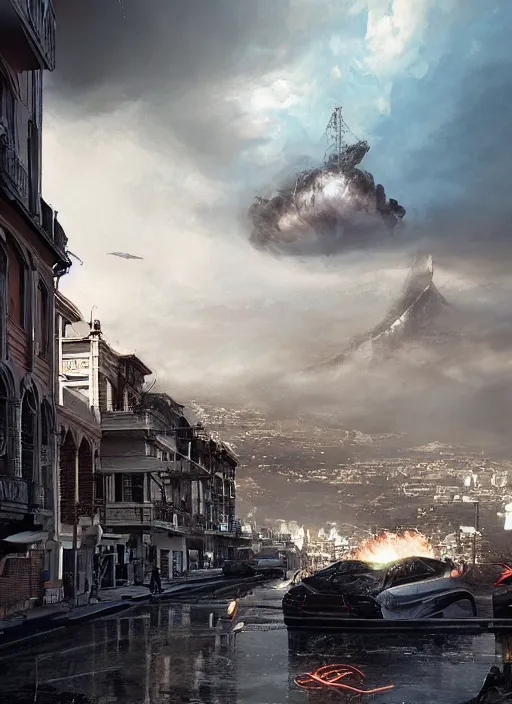 Image similar to hyper realistic squid shaped robot attacking cape town city, table mountain explosions, atmospheric beautiful details, strong composition drawn in ink by kim jung giu weta studio rutkowski, james gurney and greg rutkowski, and lucasfilm