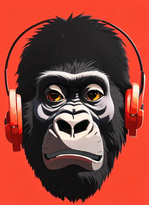 Image similar to portrait of gorilla, sunny sky background, lush landscape, illustration concept art anime key visual trending pixiv fanbox by wlop and greg rutkowski and makoto shinkai and studio ghibli and kyoto animation, symmetrical facial features, black t shit, red headphones, ripped jeans, backlit, aerodynamic frame, gta 5