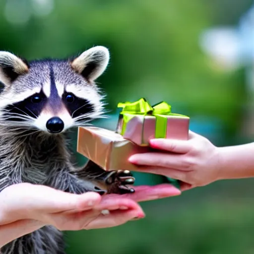 Image similar to a raccoon hold a gift in his hands