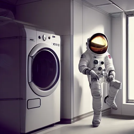 Image similar to a beautiful photo of an astronaut waiting in an self-service automatic laundry room, soft light, morning light, photorealistic, realistic, octane, 8k, cinematic shot