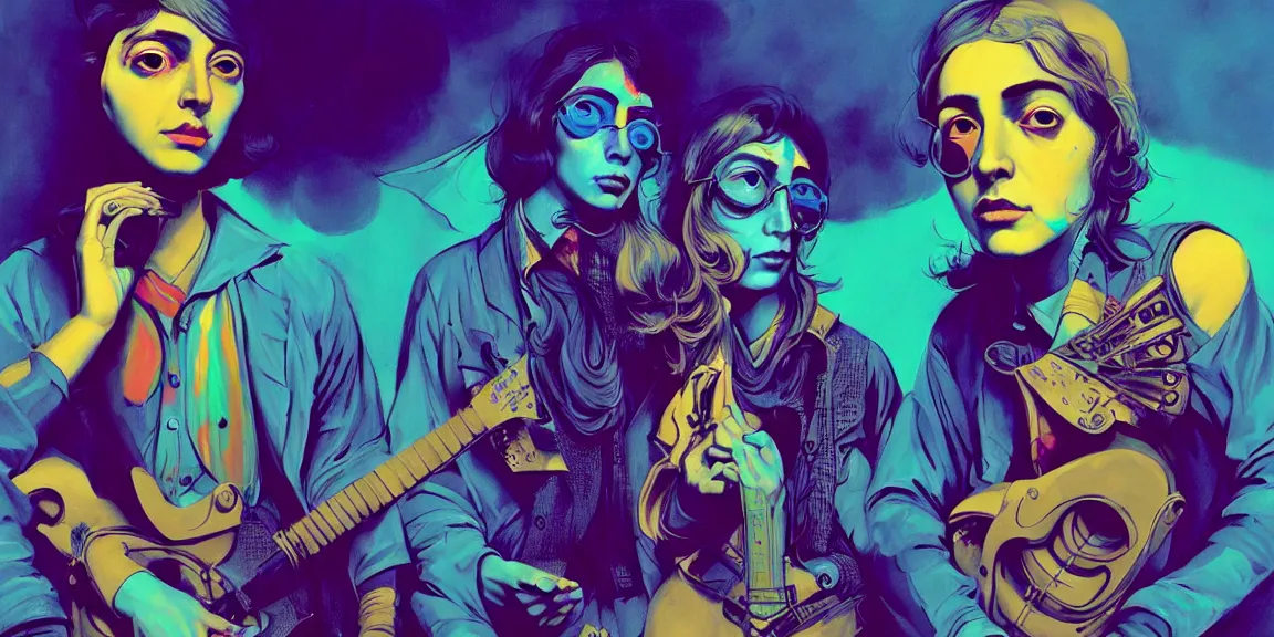 Prompt: duotone trippy 1 9 6 0 s lsd concept illustration of psychedelic hippy musicians. volumetric lighting. golden ratio accidental renaissance. by sachin teng and sergey kolesov and ruan jia and heng z. graffiti art, scifi, fantasy, hyper detailed. octane render. concept art. trending on artstation.