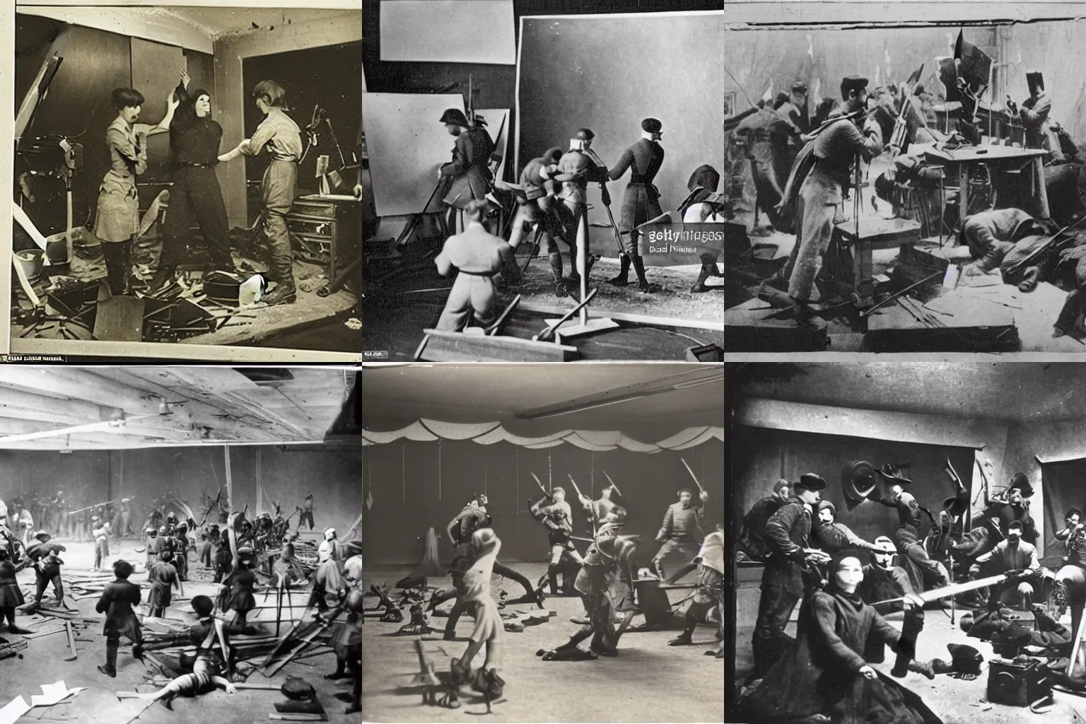Prompt: Animators in studio animating a battlescene, 1920 photo