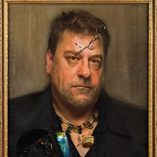 Image similar to portrait of a cyberpunk john goodman with earring and gold necklace, by jeremy mann, anders zorn.