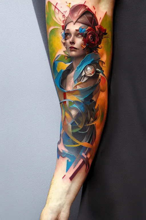 Image similar to arm sleeve tattoo design by peter mohrbacher and craig mullins