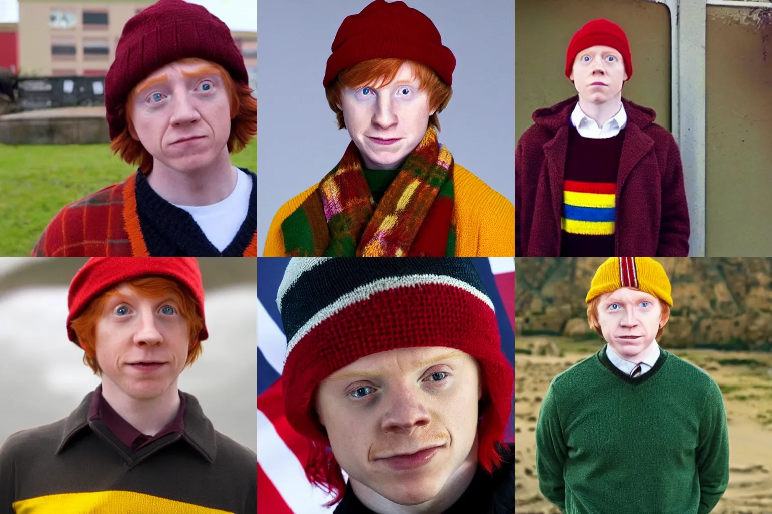 Prompt: Ron Weasley from harry potter wearing a beanie with the peruvian flag on it