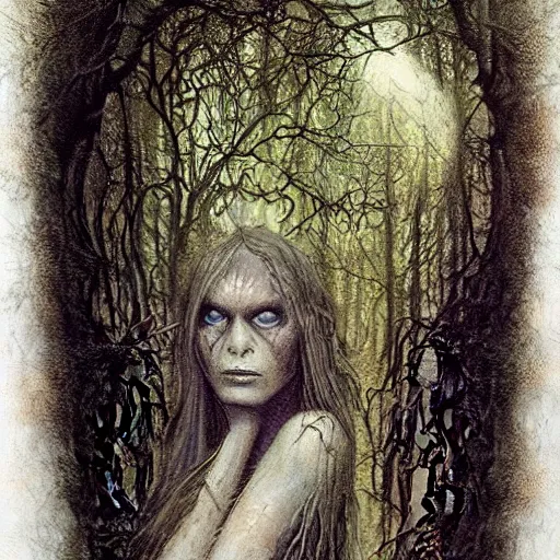 Image similar to portrait of a dryad inspired by hr giger, in a forest of fey autumn maples, her skin glistens with rainwater by greg rutkowski and brian froud dark mysterious, filtered evening light