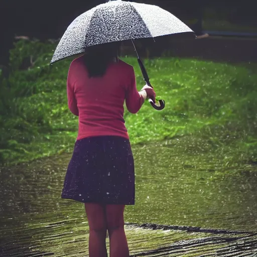 Image similar to heavy rain and a girl with an umbrella searching the sun