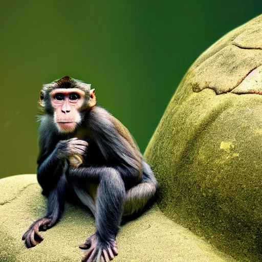 Image similar to nature photograph of a monkey sitting on the back of a turtle. national geographic