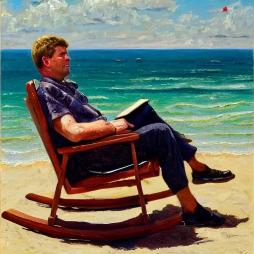 Image similar to portrait of john f kennedy, wrinkled, grey hair sitting on rocking chair, landscape of nantucket beach, dunes, ocean, bluff, handsome, hawaiian shirt, oil on canvas by william sidney mount - 1 9 8 2, trending on artstation