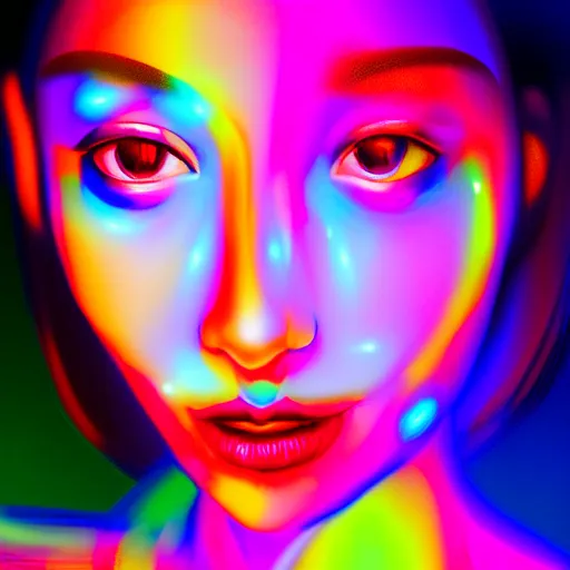 Image similar to a digital painting of a woman's face with colorful lights in the background, a hologram by li shida, featured on pixiv, holography, irridescent, holographic, psychedelic