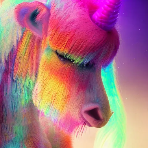 Prompt: full body pose, hyperrealistic photograph of a cute fuzzy rainbow unicorn, dim volumetric lighting, 8 k, octane beautifully detailed render, extremely hyper detailed, intricate, epic composition, cinematic lighting, masterpiece, trending on artstation, very very detailed, stunning, hdr, smooth, sharp focus, high resolution, award, winning photo, dslr, 5 0 mm