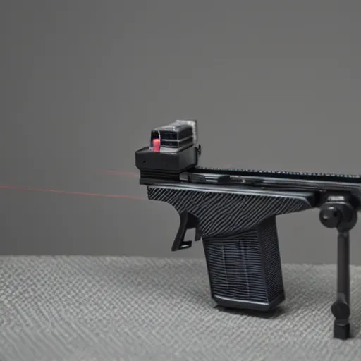 Prompt: a 3 d printed working laser gun, that used nylon carbon fiber filament. 5 0 mm lens, f 1. 8.