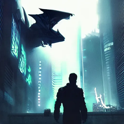 Image similar to blade runner style image of cyberpunk character and his baby dragon