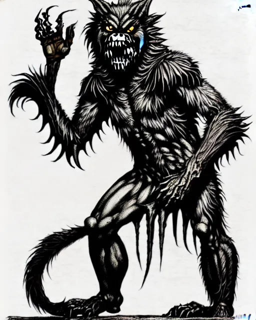 Image similar to a licorice werewolf as a D&D monster, full body, pen-and-ink illustration, etching, by Russ Nicholson, DAvid A Trampier, larry elmore, 1981, HQ scan, intricate details, Monster Manula, Fiend Folio