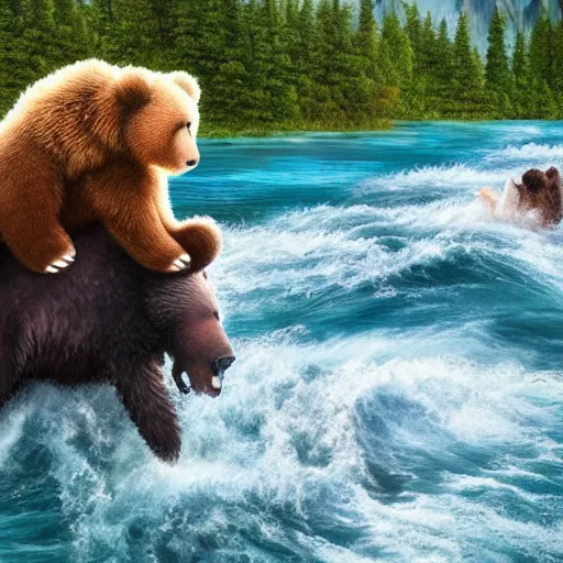 Prompt: bob ross riding on the back of two bears across a river, a colorized photo by bob ross, shutterstock contest winner, fantastic realism, bob ross, national geographic photo, majestic