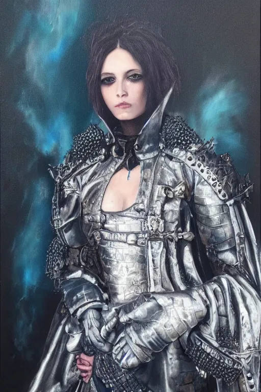 Image similar to hyperrealism oil painting, close - up portrait of punk gothic medieval brunette fashion model, knight, steel gradient mixed with nebula sky, in style of baroque