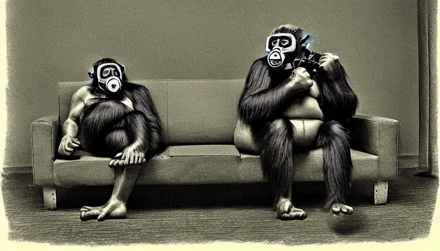 Image similar to great ape wearing a gas mask sitting on a couch, in the style of gregory crewdson