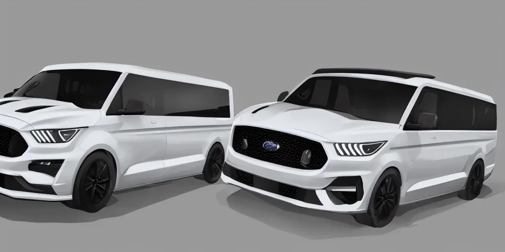Image similar to a white van with Ford Mustang GT 2021 front design. No background, concept art style.